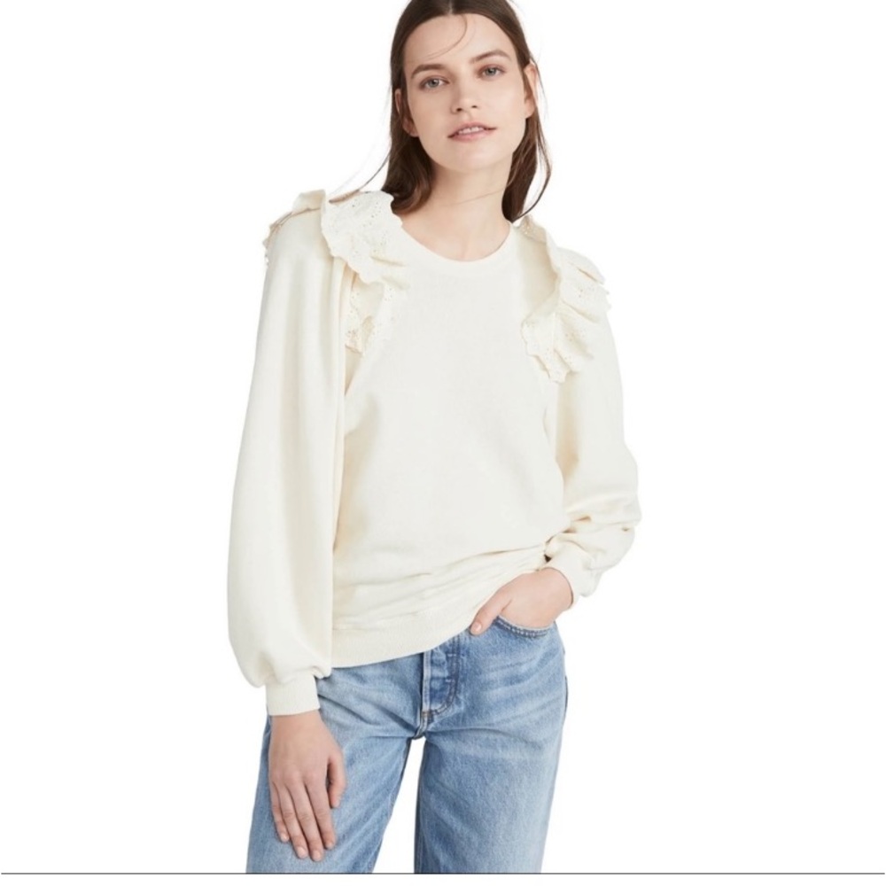 The Great Sweatshirt Cream Ruffle Eyelet Puff Sleeve Neutral Crew Size 2 Medium